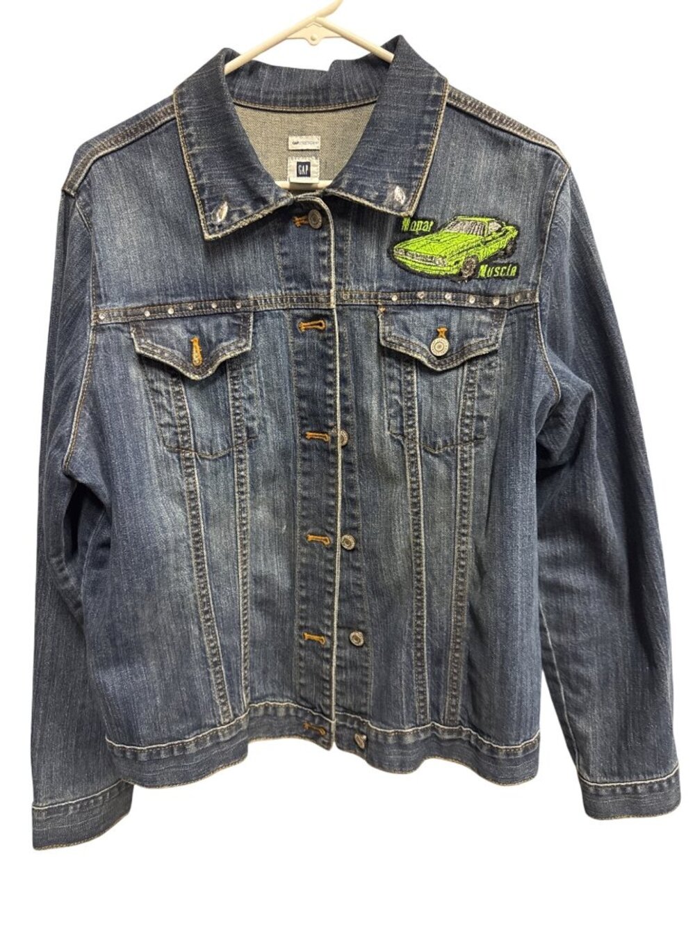 Up cycled Gap Womens XL Denim Jacket With Harley-Davidson & Green Mopar Muscle